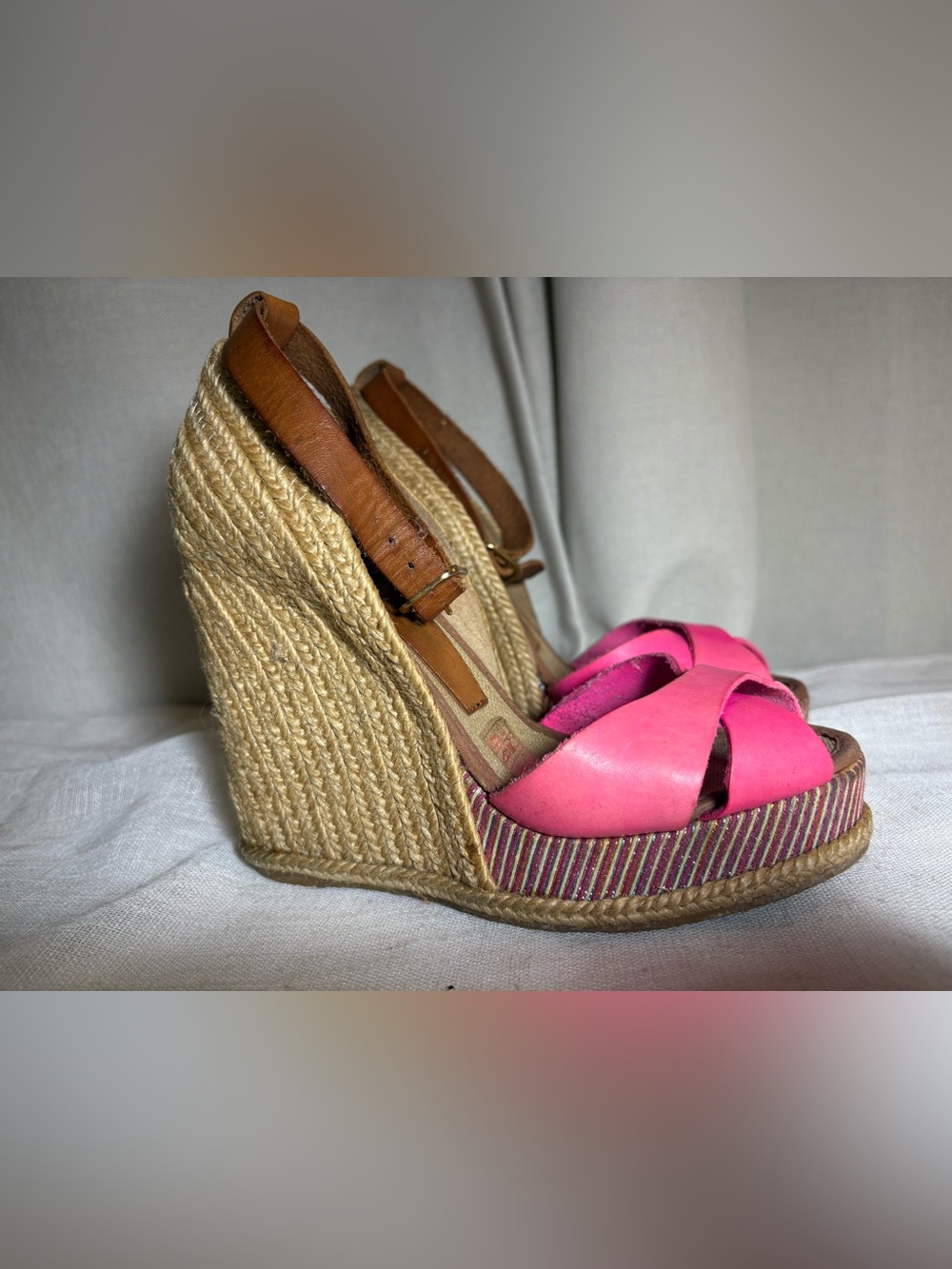 Casteller Pink Leather Espadrille Wedge Sandals Platform Heels Spain Made Sz 6 - Picture 2 of 10